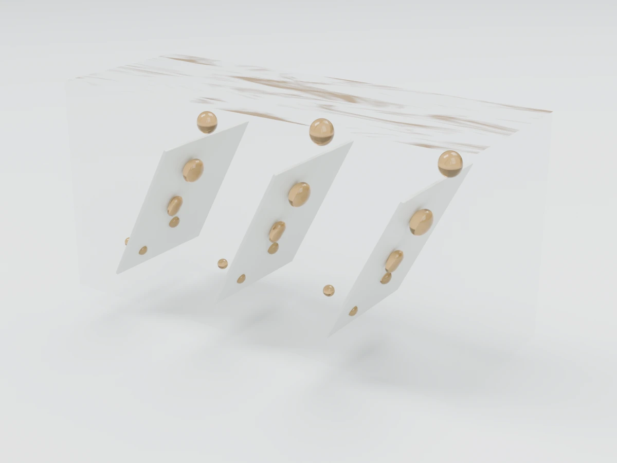 Magnified illustration of small oil droplets meeting on coalescing media, combining into larger drops, and rising toward the surface oil layer.