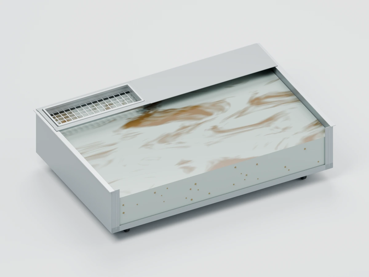 Sectioned illustration of the same reservoir showing enlarged oil droplets beneath the coolant surface, with an oil film still visible above.