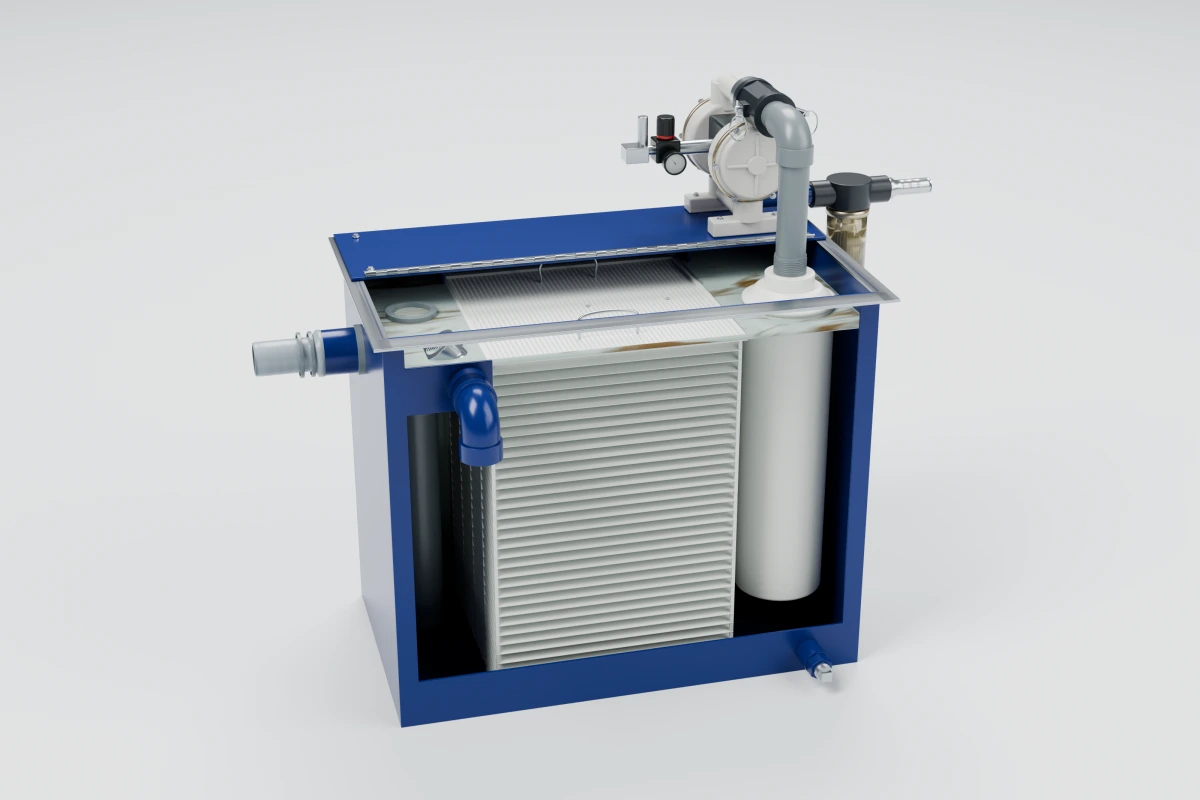 Illustrative T.O.S.S. T1 cutaway showing the bag-filter section, a central coalescing-media pack with schematic internal plates, and separate oil and coolant outlets.