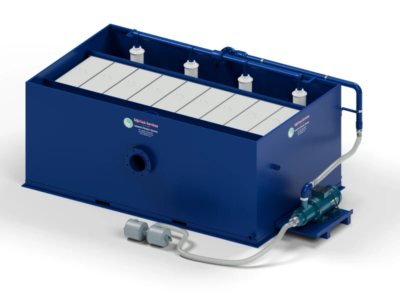 T.O.S.S. 150 tramp oil separator with a skid base, flanged tank connections, electric pump and ballast skimmer.